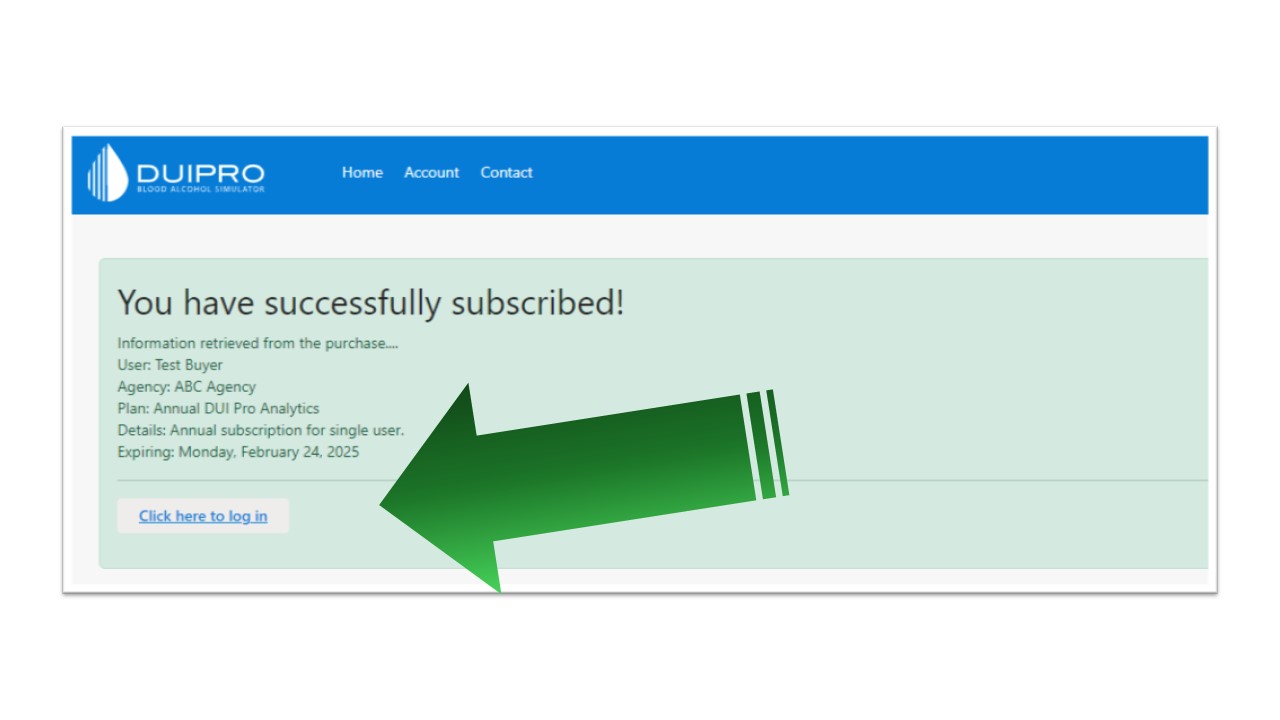DUI Pro successful subscription landing page