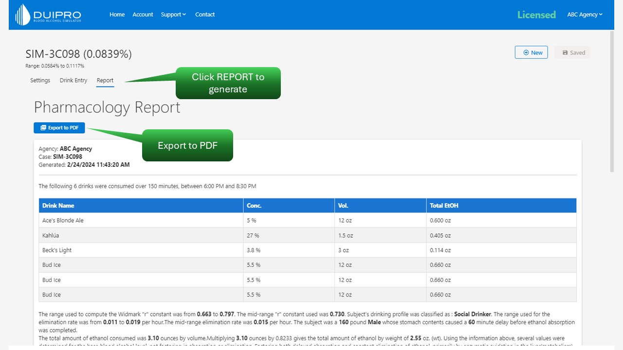 DUI Pro Report Tab - generating a PDF report