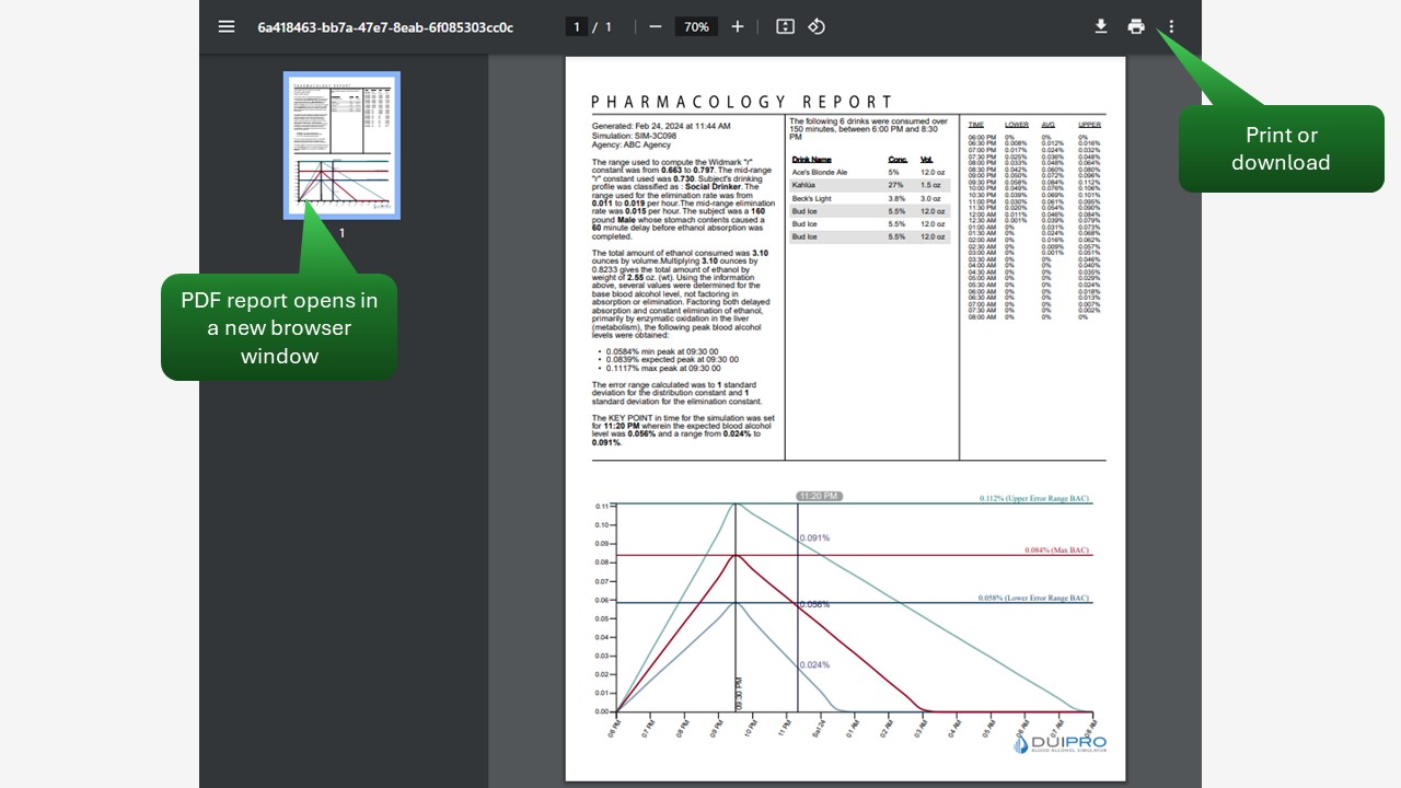 DUI Pro PDF Reports open in a new browser window