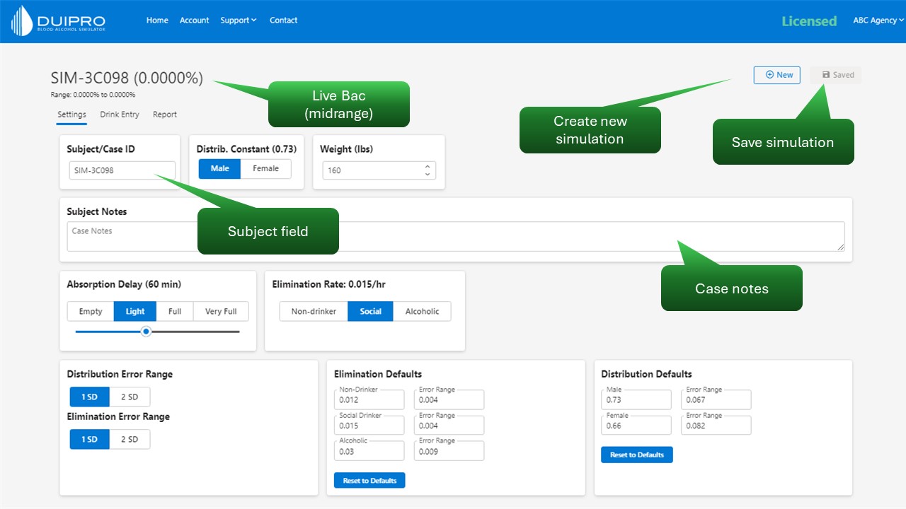 The Settings interface for the simulator